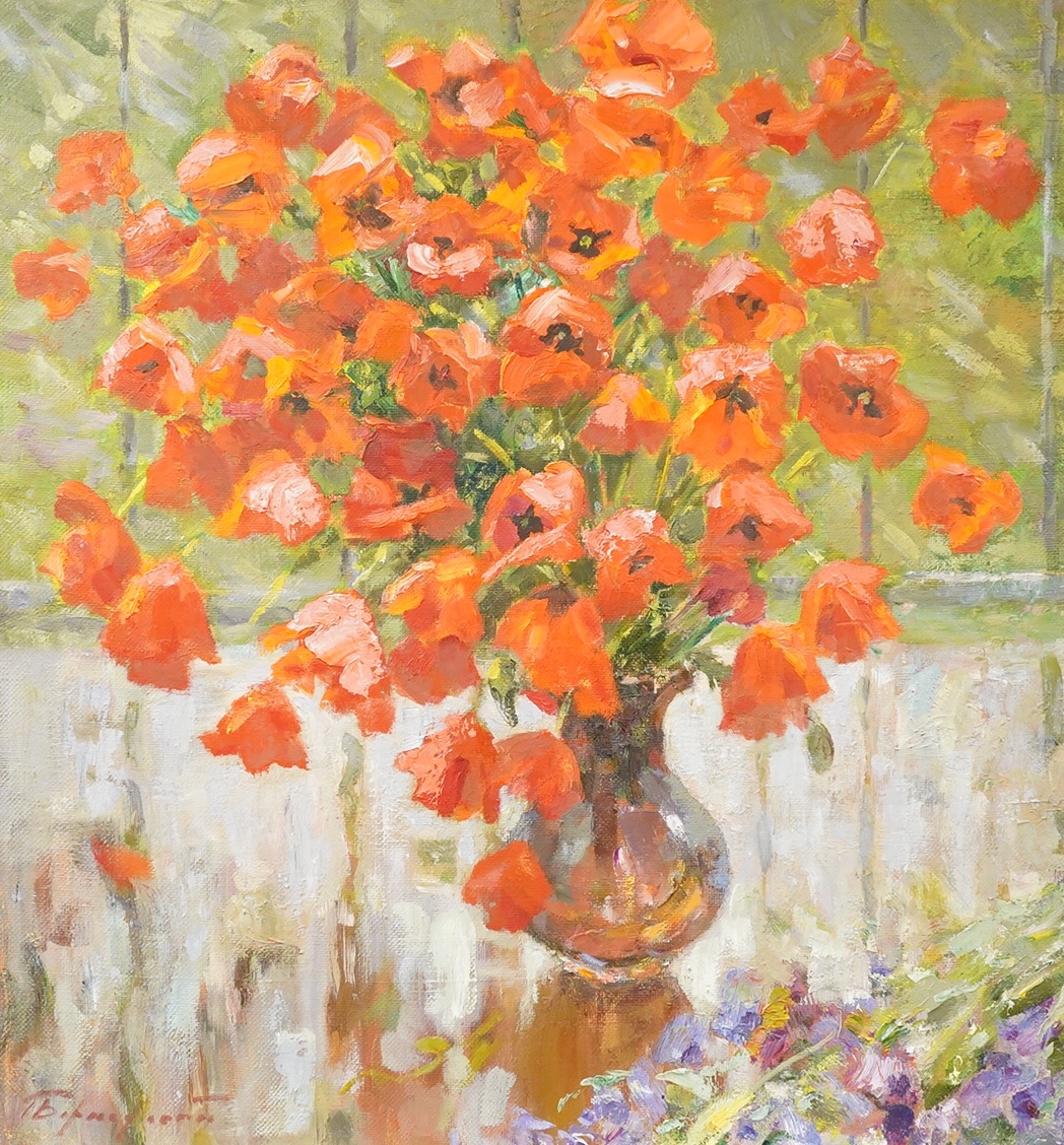 Bernadsky, Still life of Poppies, signed, inscribed in cyrillic verso, with Van Ludvic Art Gallery receipt verso, unframed, oil on canvas, 60 x 55cm